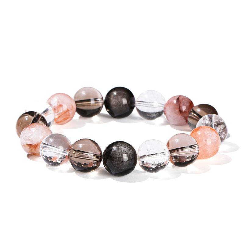 Pulsera de cuentas redondas con hilo mixto de obsidiana plateada y cristal blanco de té 