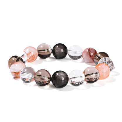 Pulsera de cuentas redondas con hilo mixto de obsidiana plateada y cristal blanco de té 