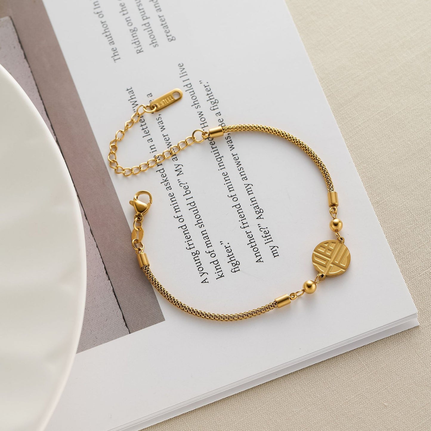 Women's Double-Sided "Fu" Titanium Bracelet — 18K Gold-Plated, Non-Fading