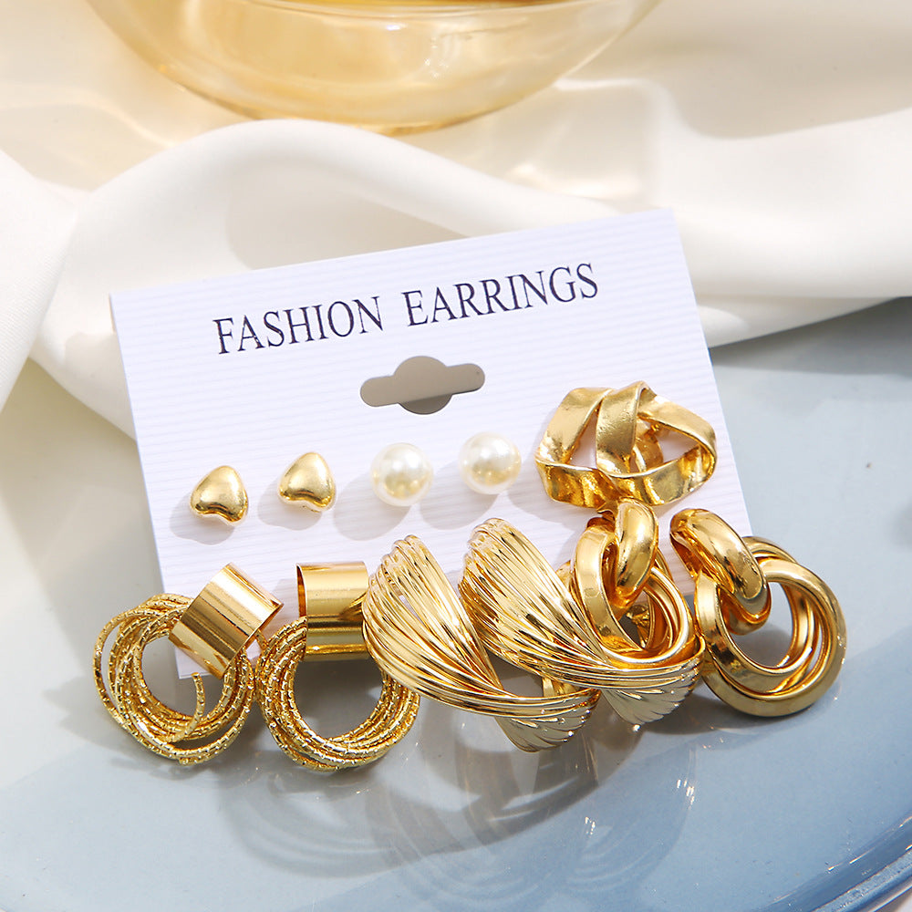 Geometric Twist Pearl Hoop Earring Set (6-Piece)