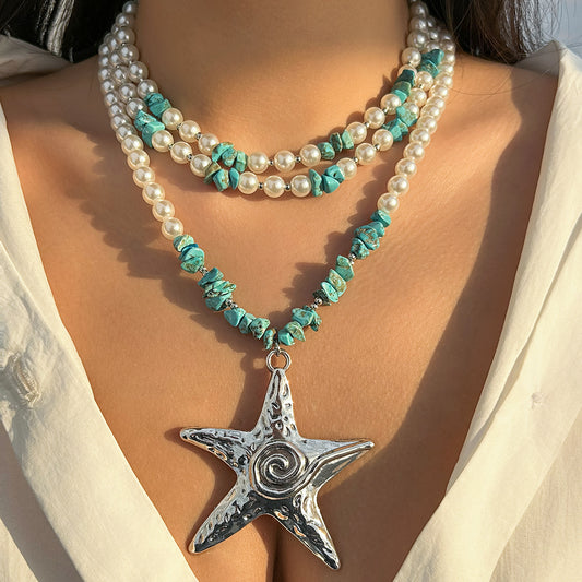 Stacked with imitation pearl ocean wind necklace