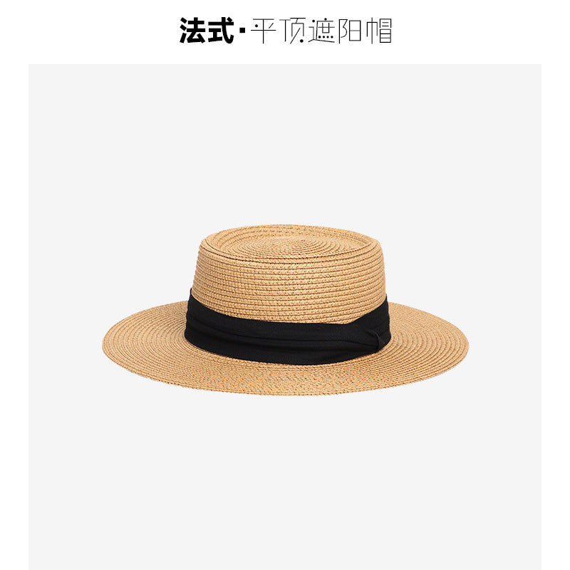 Flat-Top Straw Hat French-Style Summer Wide-Brim Sun Hat