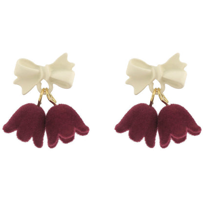 Burgundy Velvet Flower Bow Earrings