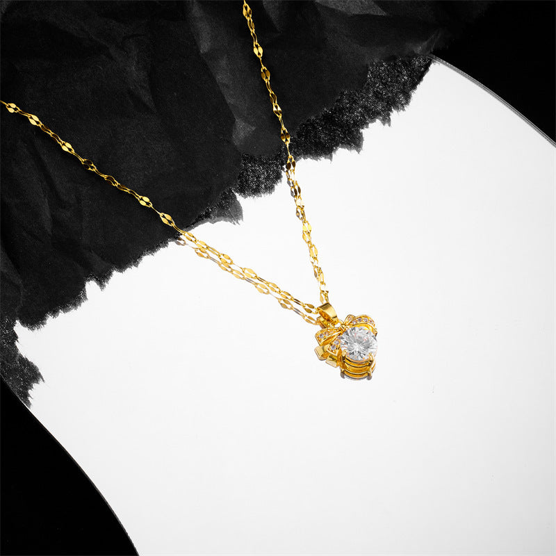Gold-Plated Titanium Steel Bow Rhinestone Collarbone Necklace