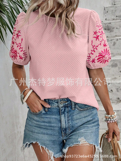 Embroidered Crew Neck Bubble Short Sleeve Shirt