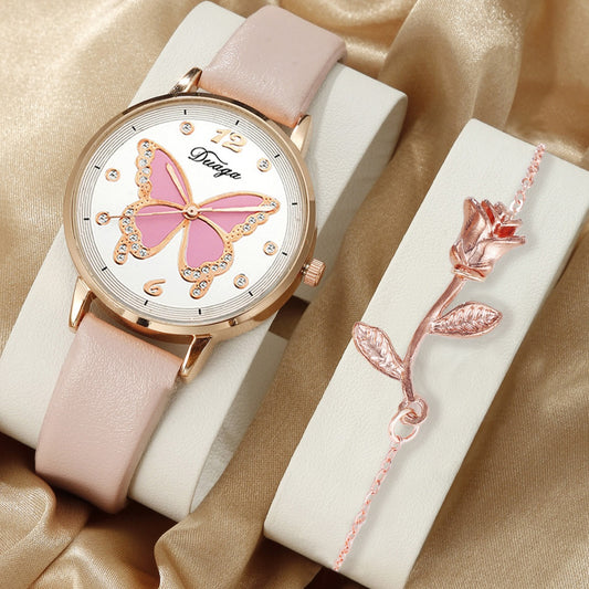 Butterfly Round Leather Watch Set