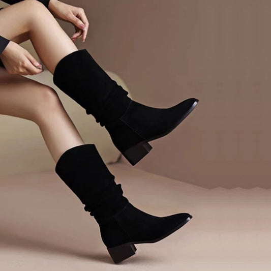 Thick-heeled pleated high boots