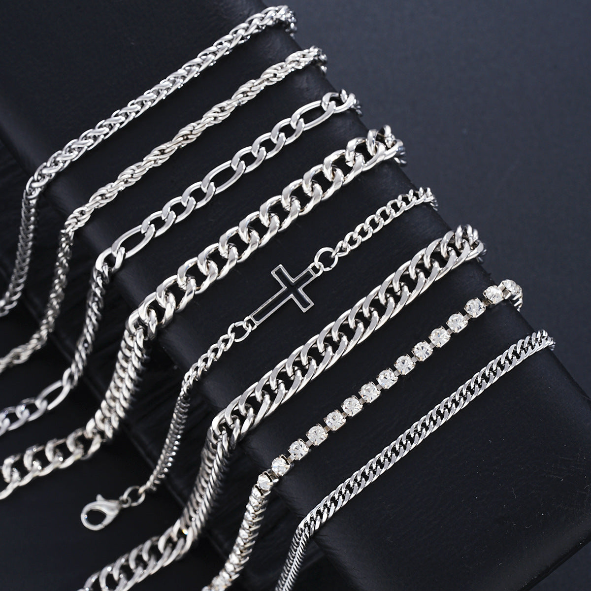 Stainless Steel Cuban Cross Chain Bracelet Set (8pc)