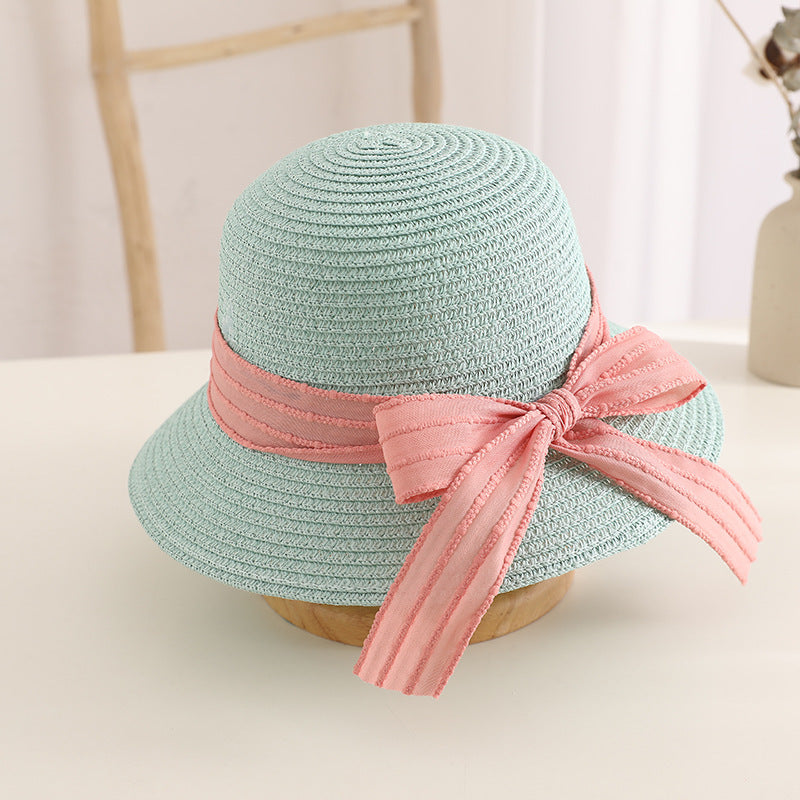 Conjunto de sombrero de paja con lazo para niños, bolsa de viaje con protección solar para la familia, primavera y verano 
