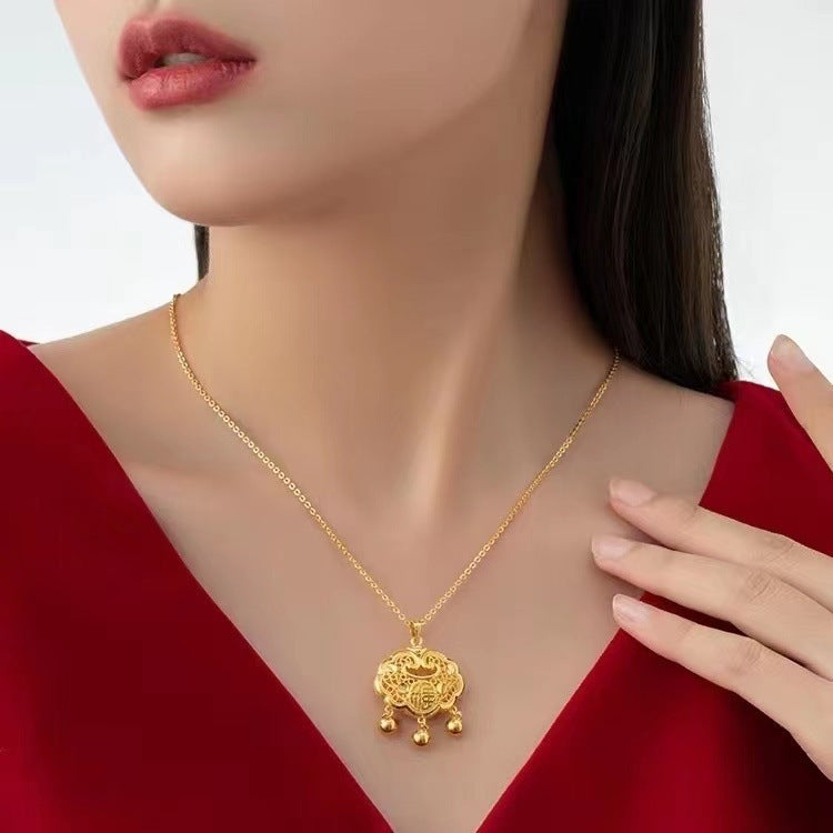 Women's "Fu Zi Ping An" Hollow Imitation-Gold Lock Necklace