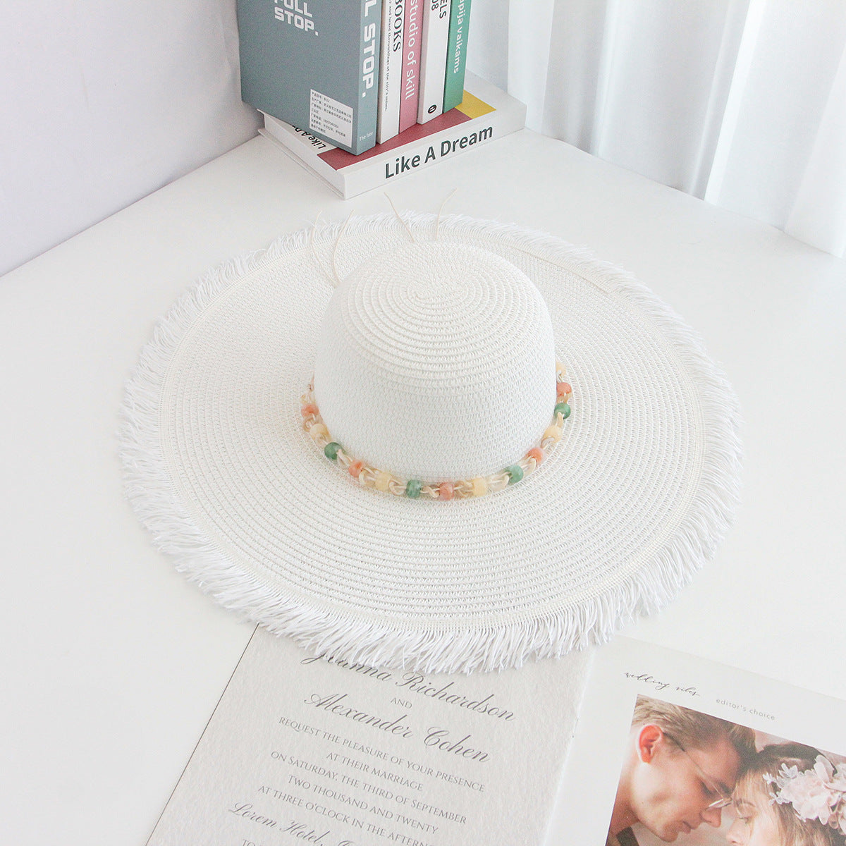 Fringe Hat Wide Brim Export Sun Outdoor Beach Vacation Handwoven