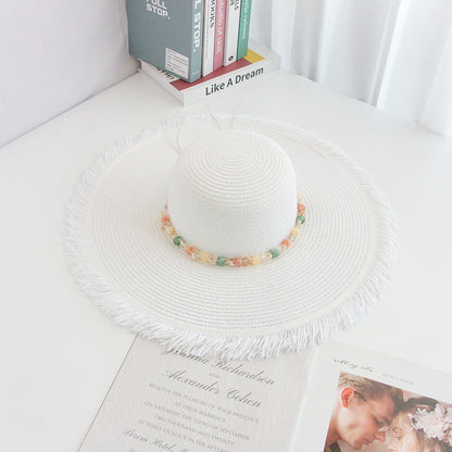 Fringe Hat Wide Brim Export Sun Outdoor Beach Vacation Handwoven