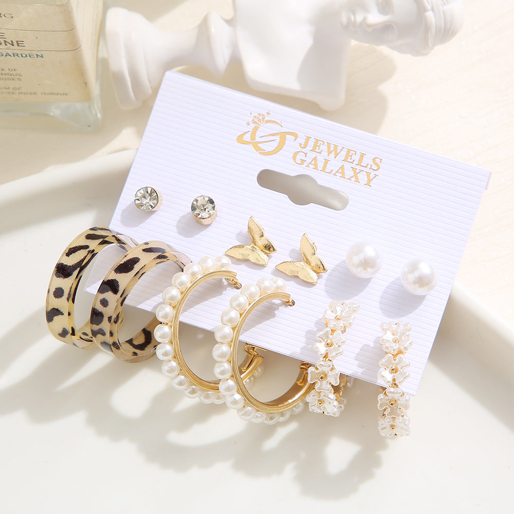 Retro Pearl & Leopard Print Earring Set (6-Piece)