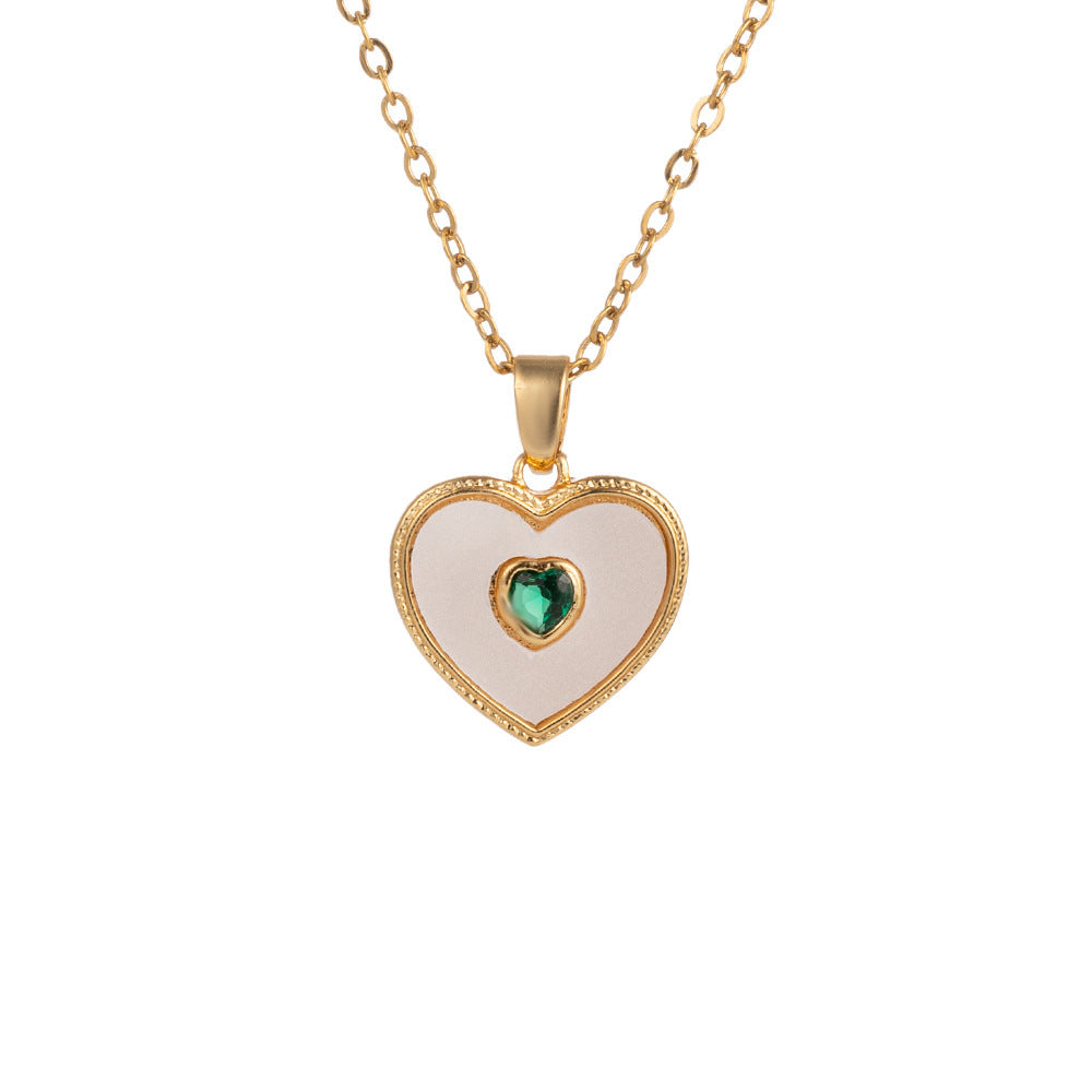 Women's Titanium-Steel Shell Pendant Collarbone Necklace with Green Gem Inlay