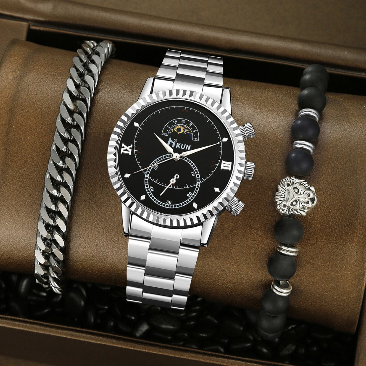 Quartz watch, sun, moon and stars beaded set
