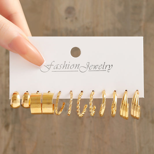 Gold C-Shape & Chain Earring Set (6-Piece)