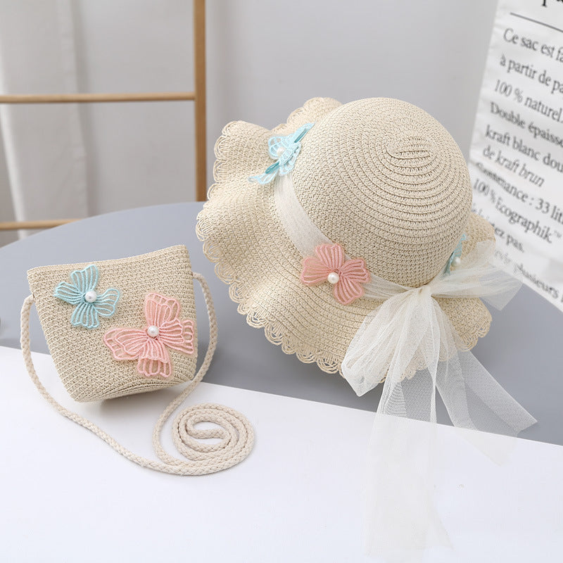 Conjunto de sombrero para el sol de verano para niñas, bolsa de paja con protección solar, elegante conjunto de encaje de princesa para bebés 