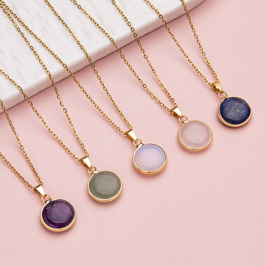 Colar redondo de cristal com pingente de aço inoxidável 