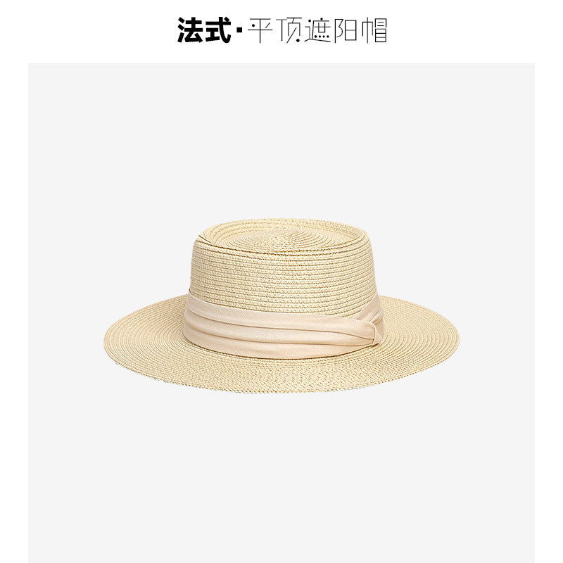 Flat-Top Straw Hat French-Style Summer Wide-Brim Sun Hat