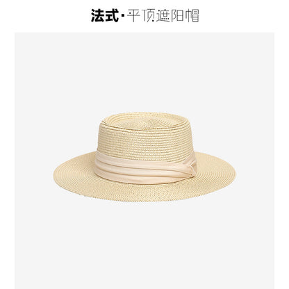 Flat-Top Straw Hat French-Style Summer Wide-Brim Sun Hat