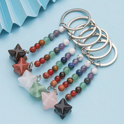 Colorful natural crystal Merkaba star pendant stainless steel keychain