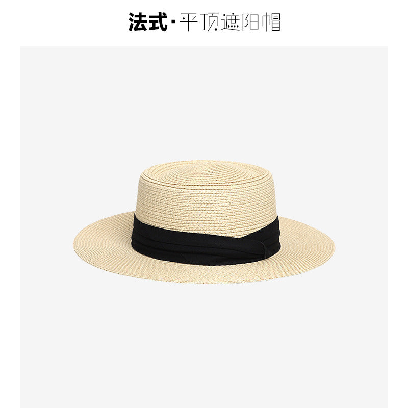 Flat-Top Straw Hat French-Style Summer Wide-Brim Sun Hat