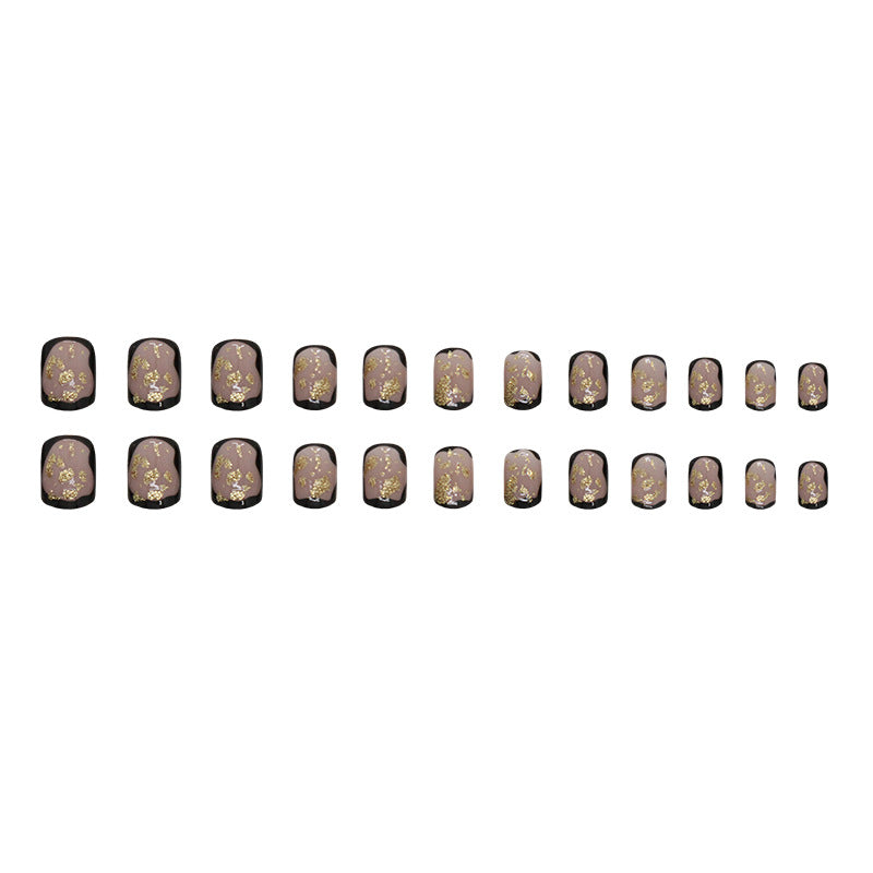 Short Black Gold Foil Square Fake Nails
