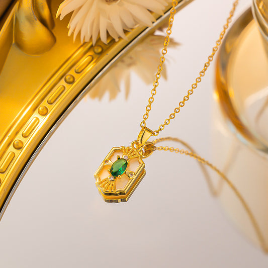 Women's Green Square White Shell Titanium-Steel Collarbone Necklace