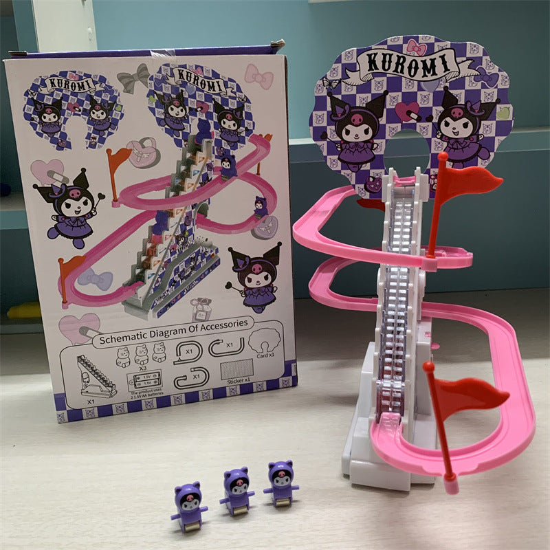 Sanrio-pista deslizante eléctrica para subir escaleras, juguete con sonido y luz, coche de pista eléctrico educativo Kuromi para niños 