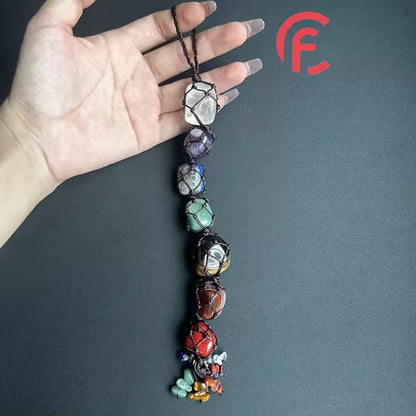 Pingente de carro tecido à mão com pedra crua irregular de cristal colorido de 7 cores 