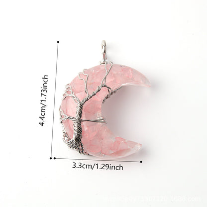 Pingente de cascalho da árvore da vida em forma de lua de cristal 