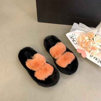 Real rabbit fur flat-bottomed slippers fashion