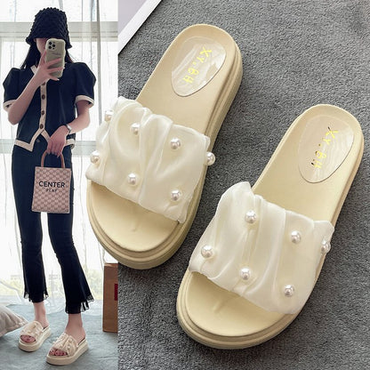 Pearl rhinestone platform slippers