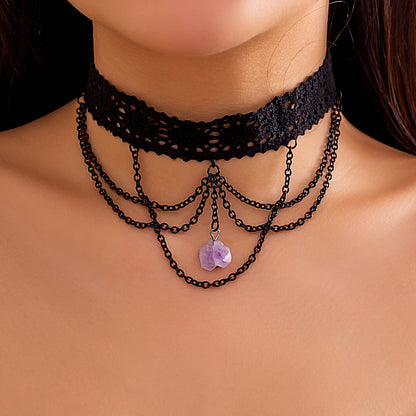 Collar con flecos y colgante de cristal de imitación morado 