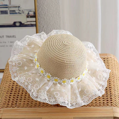 Sombrero de paja con encaje de margaritas para niños, fino y con protección UV