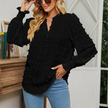 Polka Dot Long Sleeve Bubble Sleeve V-Neck Shirt