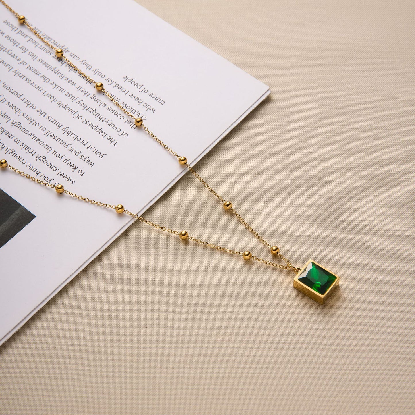 Titanium Steel Emerald Bead Necklace