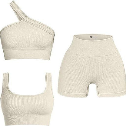 Conjunto de tres piezas de traje de yoga de color sólido con hilo sin costuras 