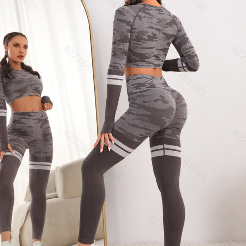 Conjunto de yoga de manga larga con camuflaje de primera calidad 