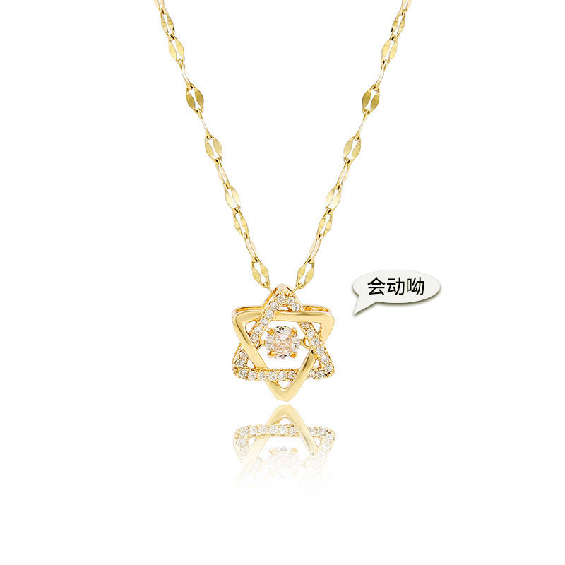 Korean 18K Rose Gold Hexagram Titanium Steel Necklace with Diamond Lock Pendant