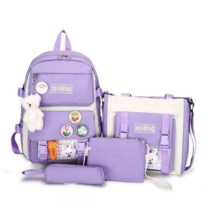 4-piece student school bag canvas contrast color backpack