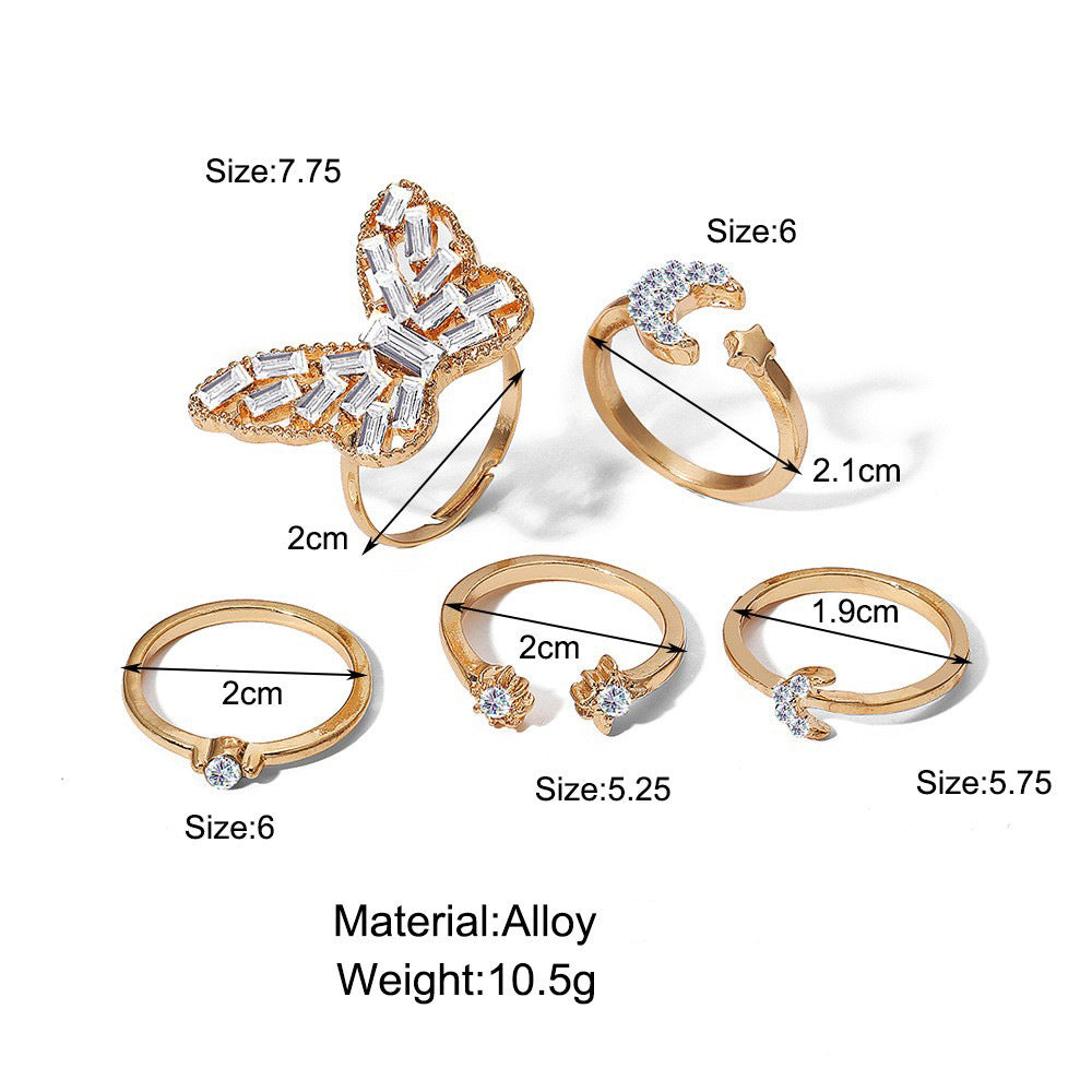 Moon Star Butterfly Ring Set (5-Piece)