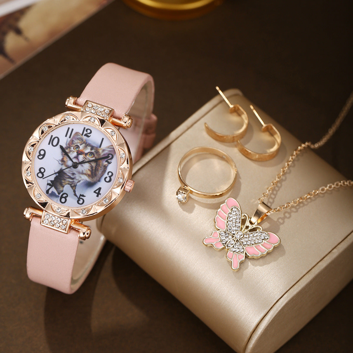 Cute cat watch pearl butterfly jewelry set