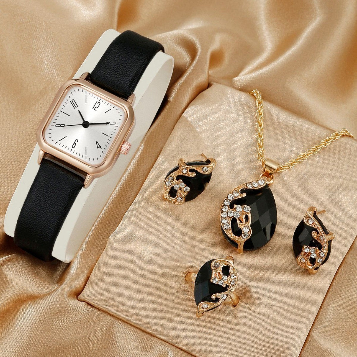 Square Watch Peacock Necklace Ring Earrings Set