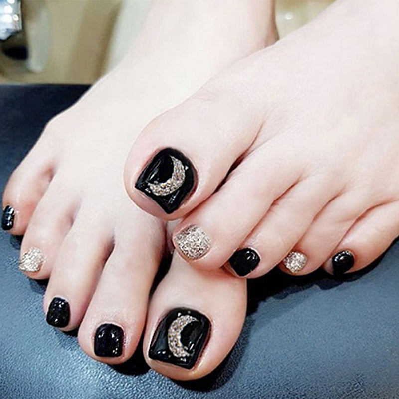 Pegatinas para uñas de los pies negras con efecto cielo nocturno brillante, caja de 24 unidades 