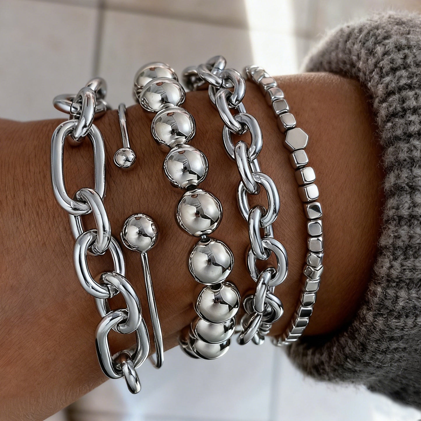 Exaggerated Aluminum & Iron Chain Bracelet Set
