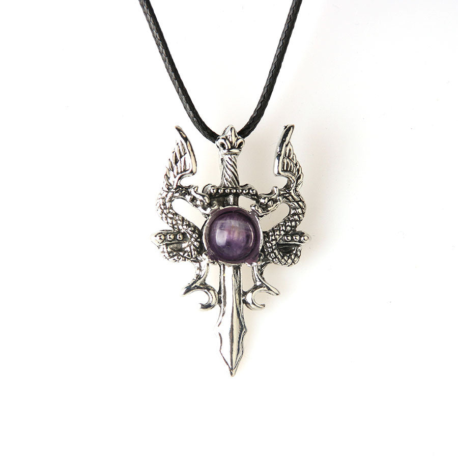 Pingente dominador masculino retrô de pedra de cristal duplo dragão 