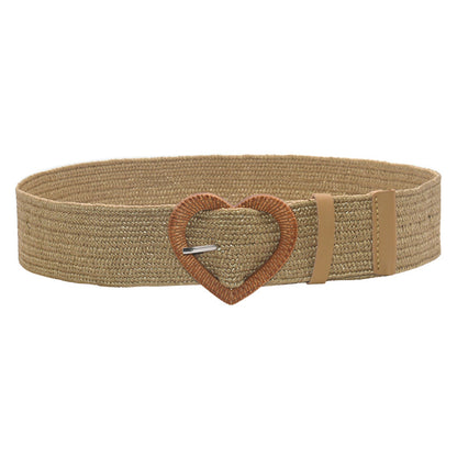 Heart-shaped wooden buckle pp grass woven elastic belt
