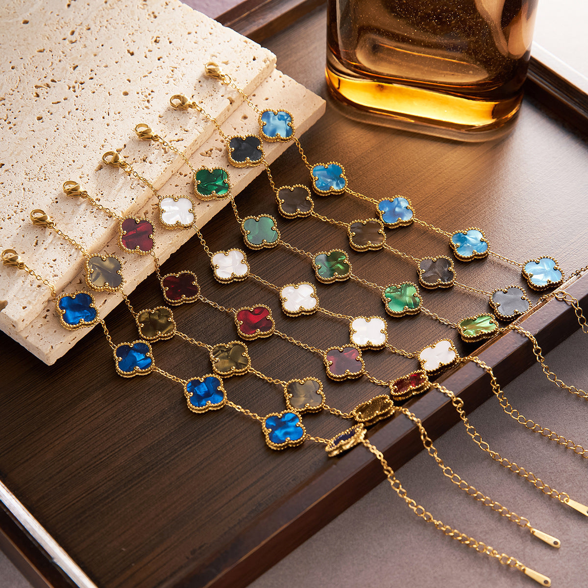 15mm Titanium Steel 18K Gold-Plated Double-Sided Four-Leaf Clover Bracelet