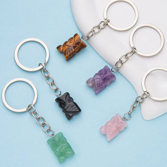 Chaveiro de aço inoxidável com coruja gravada em cristal 